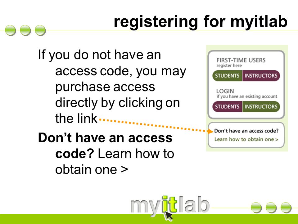 registering for myitlab If you do not have an access code, you may purchase access directly by clicking on the link Don’t have an access code.