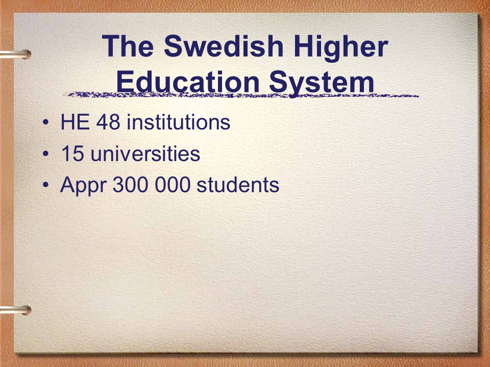 The Swedish Higher Education System HE 48 institutions 15 universities Appr students