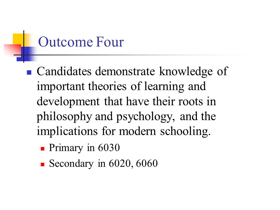 Outcome Four Candidates demonstrate knowledge of important theories of learning and development that have their roots in philosophy and psychology, and the implications for modern schooling.