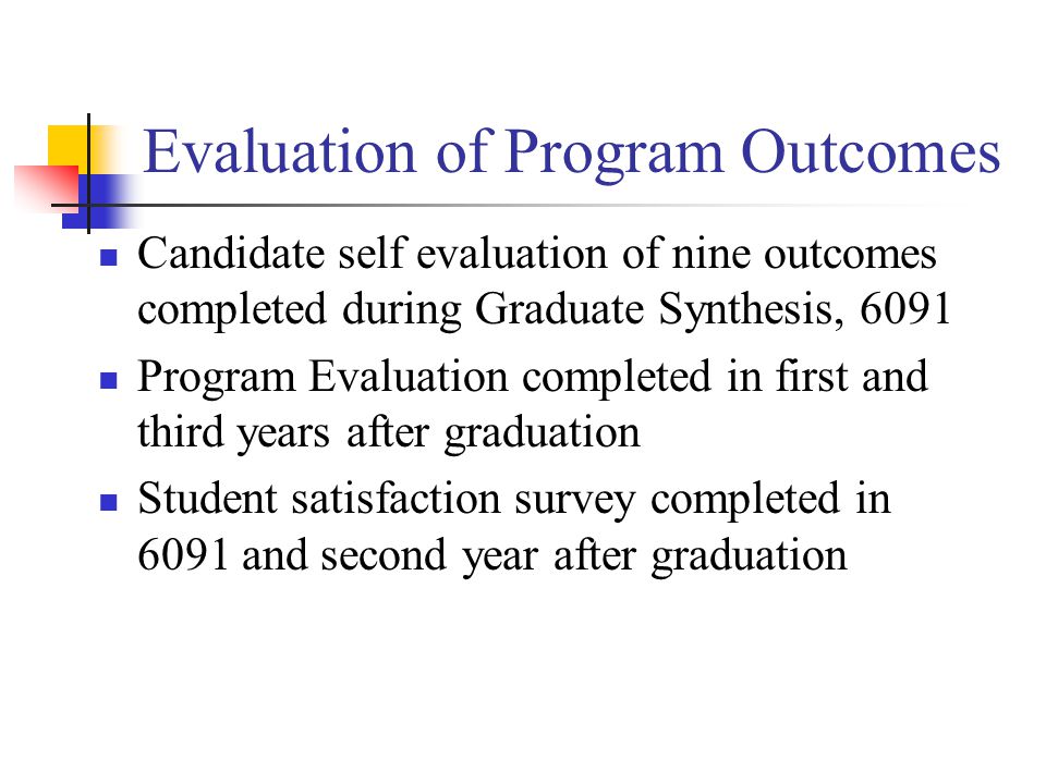 Evaluation of Program Outcomes Candidate self evaluation of nine outcomes completed during Graduate Synthesis, 6091 Program Evaluation completed in first and third years after graduation Student satisfaction survey completed in 6091 and second year after graduation