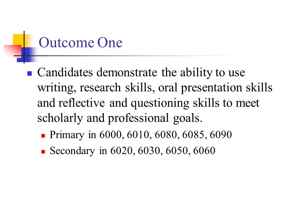Outcome One Candidates demonstrate the ability to use writing, research skills, oral presentation skills and reflective and questioning skills to meet scholarly and professional goals.