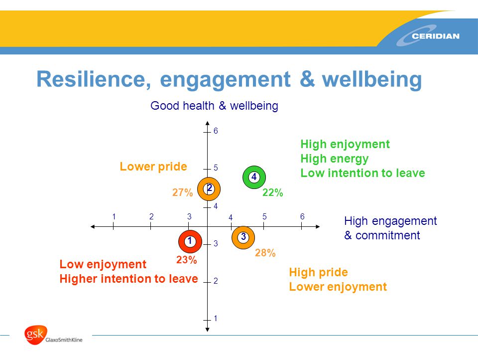 Resilience, engagement & wellbeing High engagement & commitment Good health & wellbeing High enjoyment High energy Low intention to leave High pride Lower enjoyment Lower pride Low enjoyment Higher intention to leave %22% 23% 28%