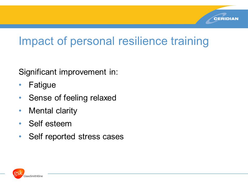 Impact of personal resilience training Significant improvement in: Fatigue Sense of feeling relaxed Mental clarity Self esteem Self reported stress cases
