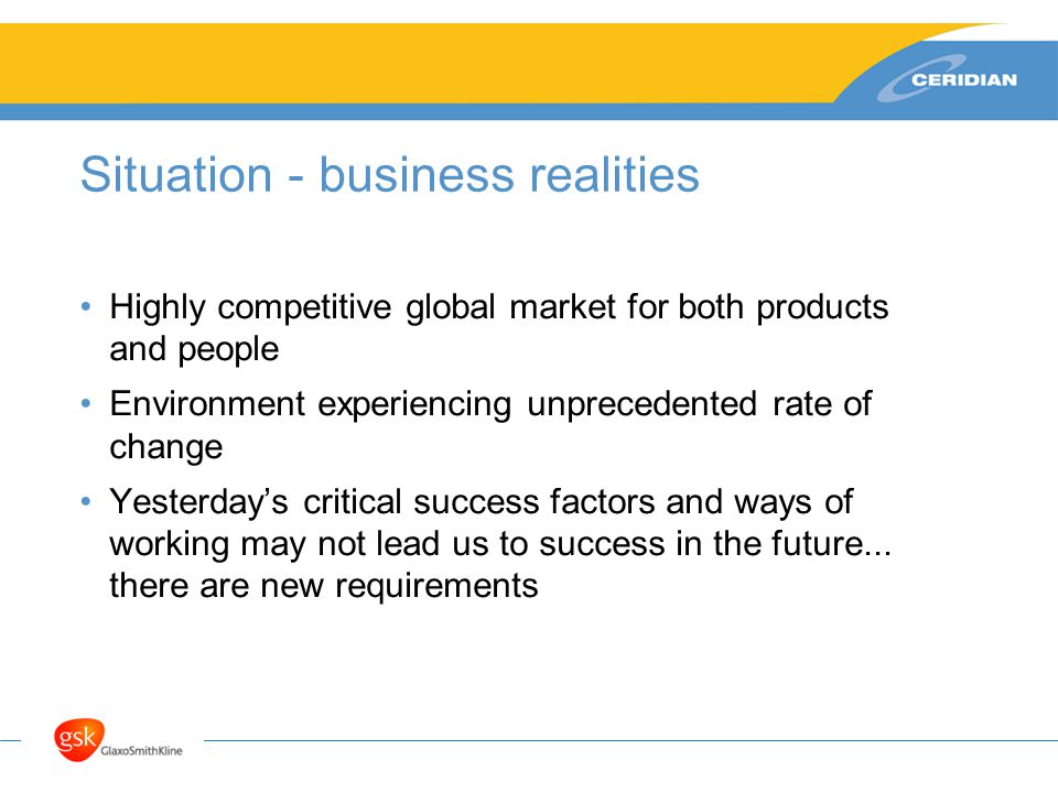 Situation - business realities Highly competitive global market for both products and people Environment experiencing unprecedented rate of change Yesterday’s critical success factors and ways of working may not lead us to success in the future...
