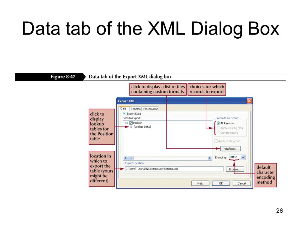 26 Data tab of the XML Dialog Box