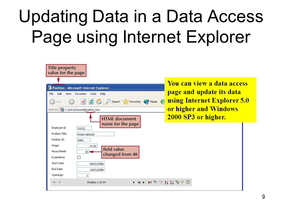 9 Updating Data in a Data Access Page using Internet Explorer You can view a data access page and update its data using Internet Explorer 5.0 or higher and Windows 2000 SP3 or higher.