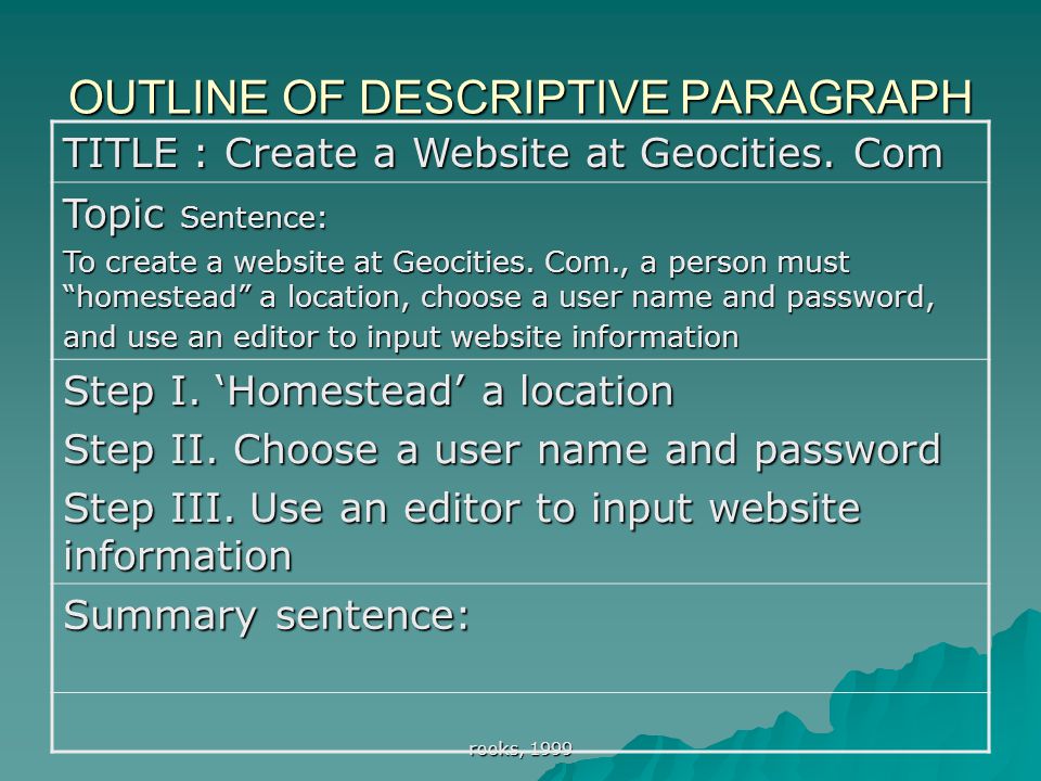 rooks, 1999 OUTLINE OF DESCRIPTIVE PARAGRAPH TITLE : Create a Website at Geocities.