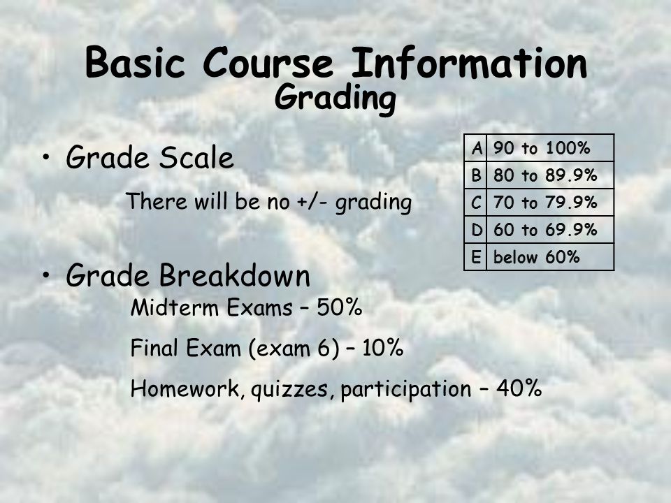 Basic Course Information Grade Scale Grade Breakdown Midterm Exams – 50% Final Exam (exam 6) – 10% Homework, quizzes, participation – 40% There will be no +/- grading A90 to 100% B80 to 89.9% C70 to 79.9% D60 to 69.9% Ebelow 60% Grading