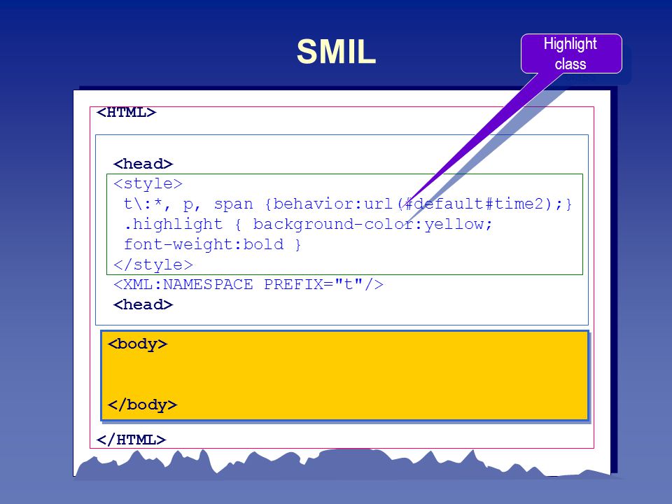 SMIL t\:*, p, span {behavior:url(#default#time2);}.highlight { background-color:yellow; font-weight:bold } Highlight class