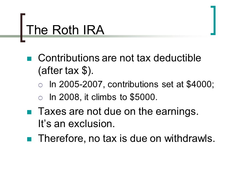 The Roth IRA Contributions are not tax deductible (after tax $).