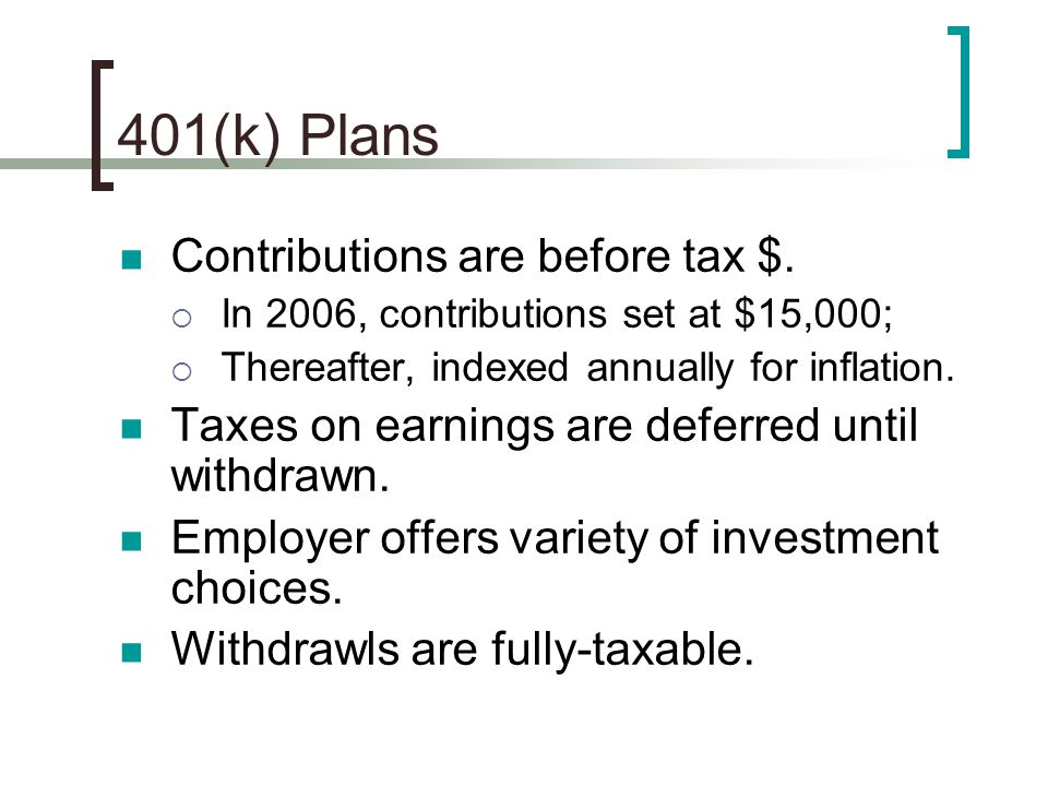 401(k) Plans Contributions are before tax $.