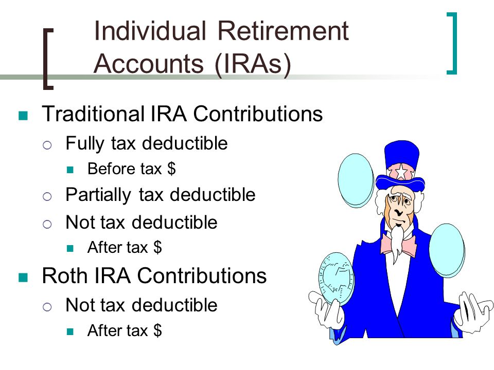 Individual Retirement Accounts (IRAs) Traditional IRA Contributions  Fully tax deductible Before tax $  Partially tax deductible  Not tax deductible After tax $ Roth IRA Contributions  Not tax deductible After tax $