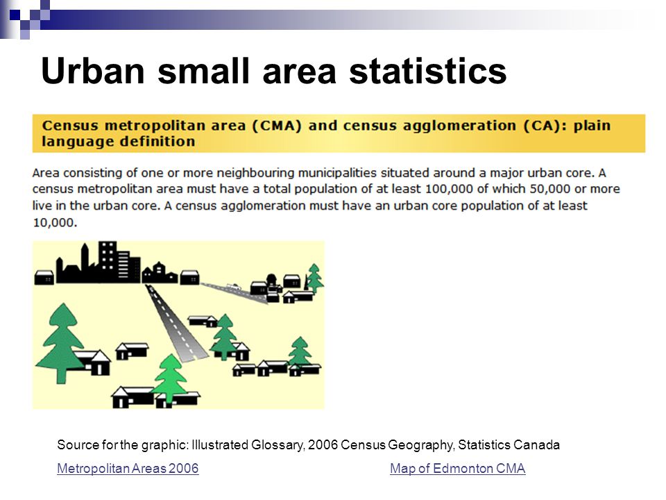 Urban small area statistics Census Metropolitan Areas Source for the graphic: Illustrated Glossary, 2006 Census Geography, Statistics Canada Metropolitan Areas 2006Map of Edmonton CMA
