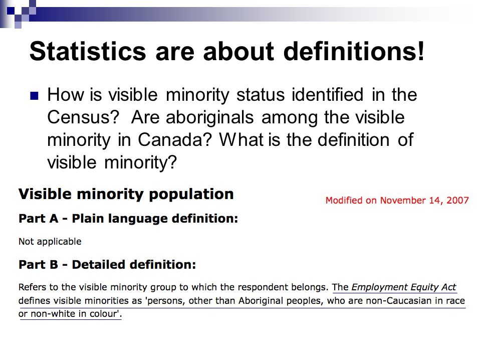 Statistics are about definitions. How is visible minority status identified in the Census.