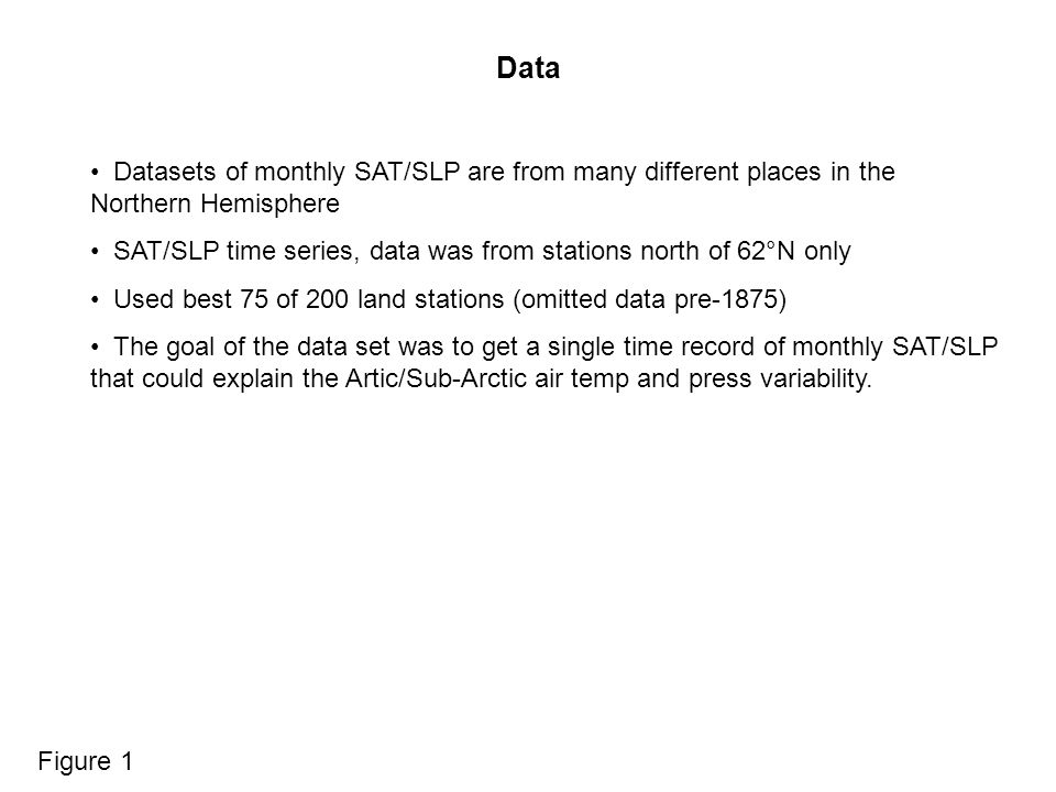 Data Datasets of monthly SAT/SLP are from many different places in the Northern Hemisphere SAT/SLP time series, data was from stations north of 62°N only Used best 75 of 200 land stations (omitted data pre-1875) The goal of the data set was to get a single time record of monthly SAT/SLP that could explain the Artic/Sub-Arctic air temp and press variability.