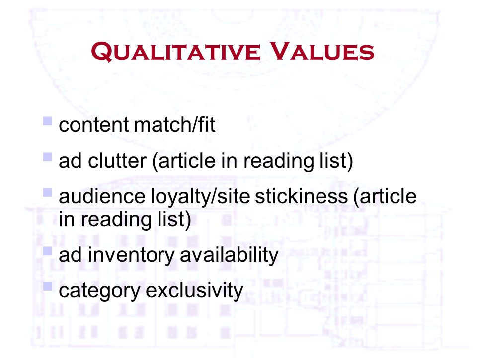 Qualitative Values  content match/fit  ad clutter (article in reading list)  audience loyalty/site stickiness (article in reading list)  ad inventory availability  category exclusivity