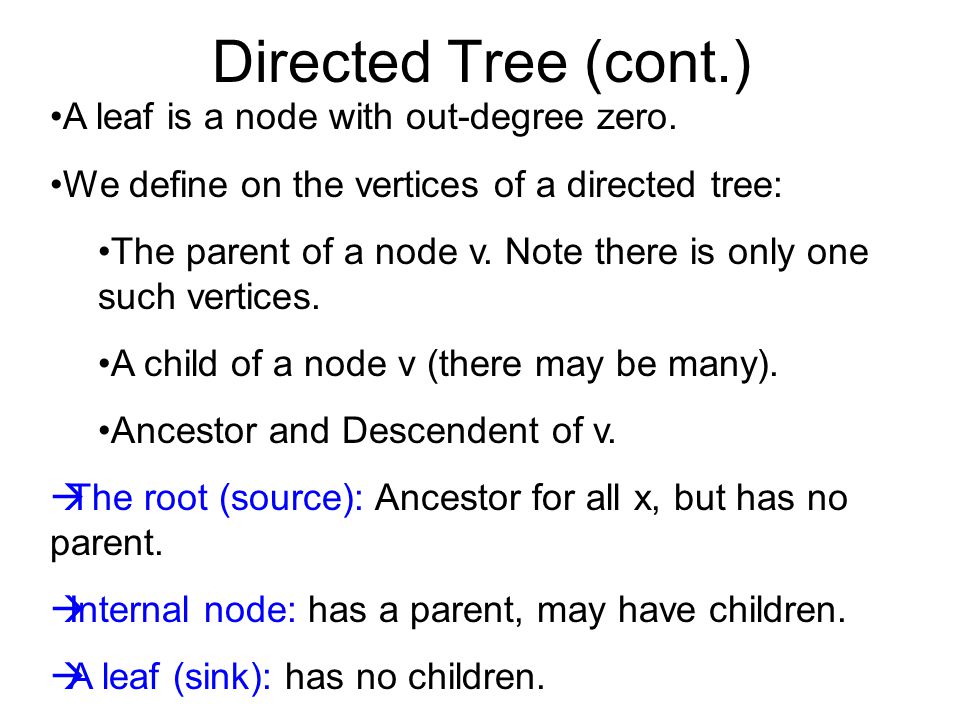 Directed Tree (cont.) A leaf is a node with out-degree zero.
