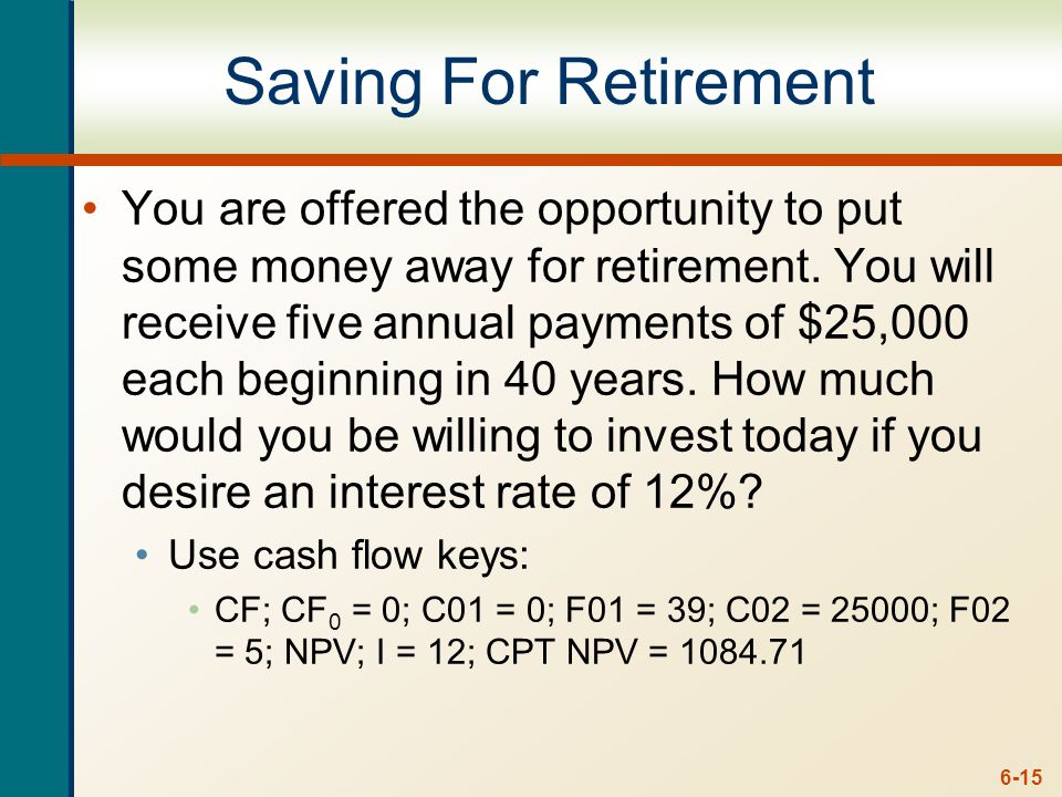 6-15 Saving For Retirement You are offered the opportunity to put some money away for retirement.