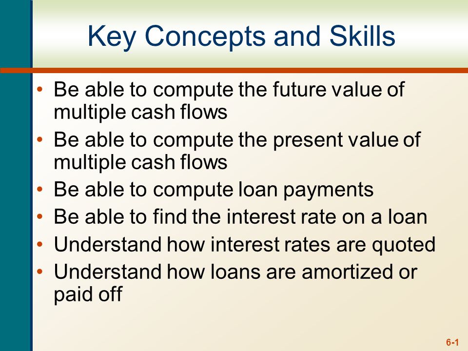 6-1 Key Concepts and Skills Be able to compute the future value of multiple cash flows Be able to compute the present value of multiple cash flows Be able to compute loan payments Be able to find the interest rate on a loan Understand how interest rates are quoted Understand how loans are amortized or paid off