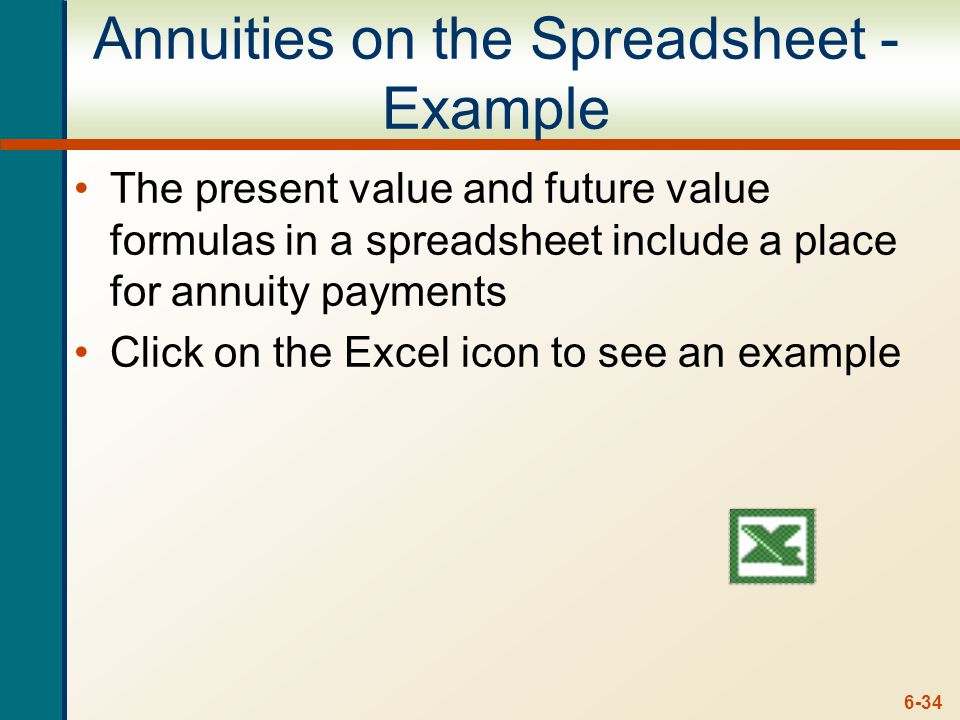 6-34 Annuities on the Spreadsheet - Example The present value and future value formulas in a spreadsheet include a place for annuity payments Click on the Excel icon to see an example