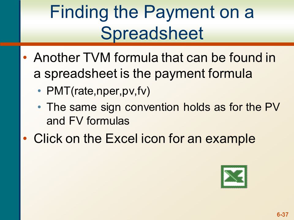 6-37 Finding the Payment on a Spreadsheet Another TVM formula that can be found in a spreadsheet is the payment formula PMT(rate,nper,pv,fv) The same sign convention holds as for the PV and FV formulas Click on the Excel icon for an example