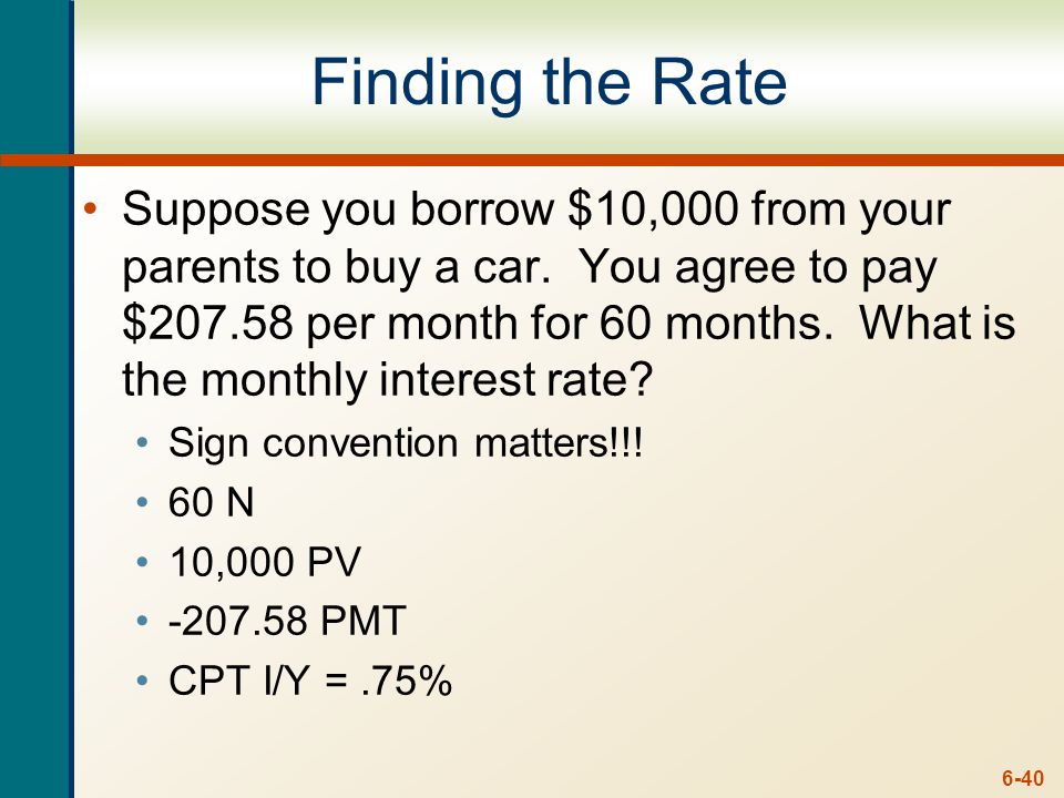 6-40 Finding the Rate Suppose you borrow $10,000 from your parents to buy a car.