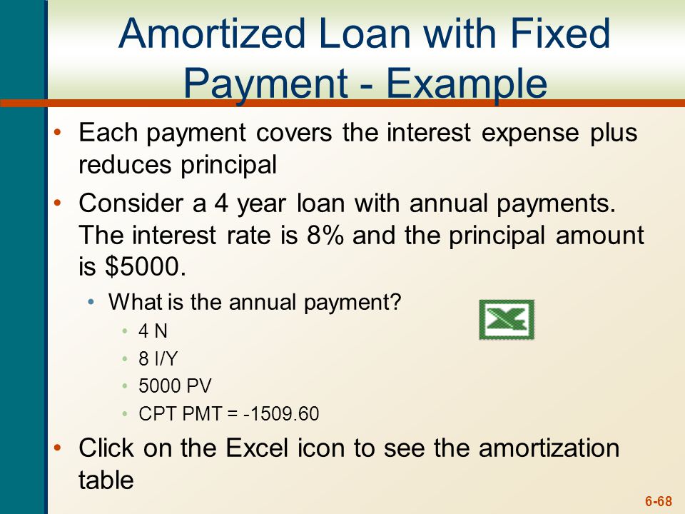 6-68 Amortized Loan with Fixed Payment - Example Each payment covers the interest expense plus reduces principal Consider a 4 year loan with annual payments.