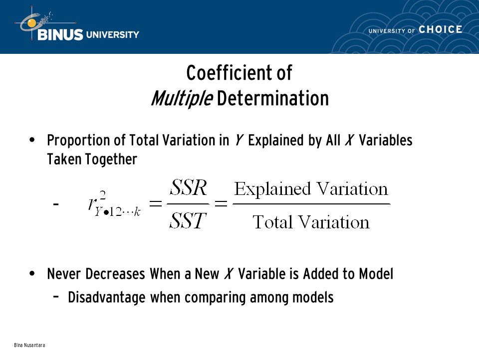 Bina Nusantara Coefficient of Multiple Determination Proportion of Total Variation in Y Explained by All X Variables Taken Together – Never Decreases When a New X Variable is Added to Model – Disadvantage when comparing among models
