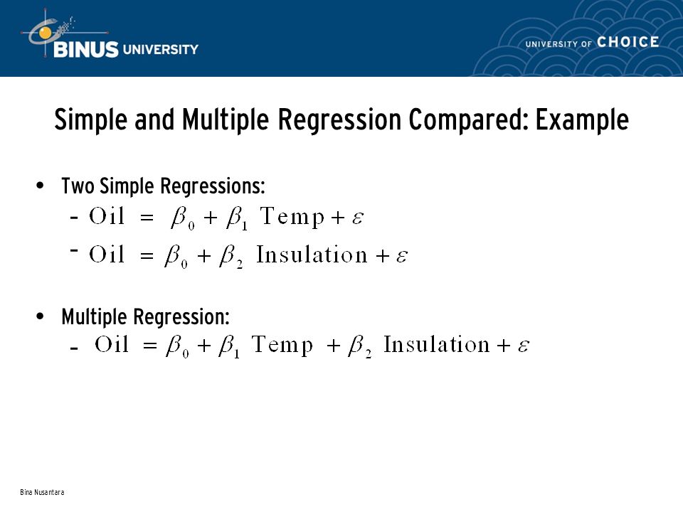Bina Nusantara Simple and Multiple Regression Compared: Example Two Simple Regressions: – Multiple Regression: –