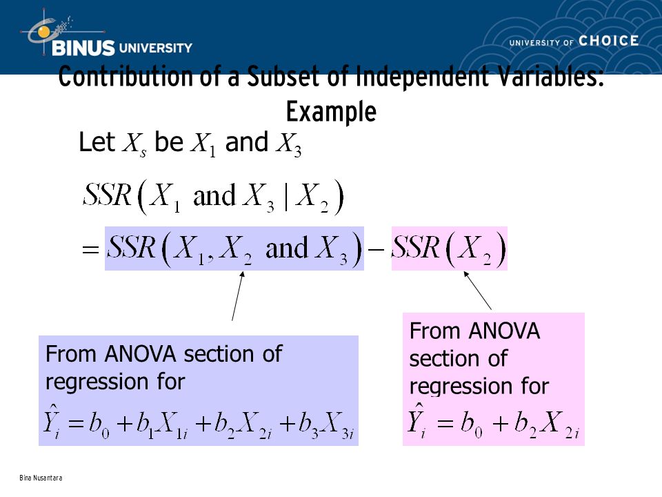 Bina Nusantara Contribution of a Subset of Independent Variables: Example Let X s be X 1 and X 3 From ANOVA section of regression for