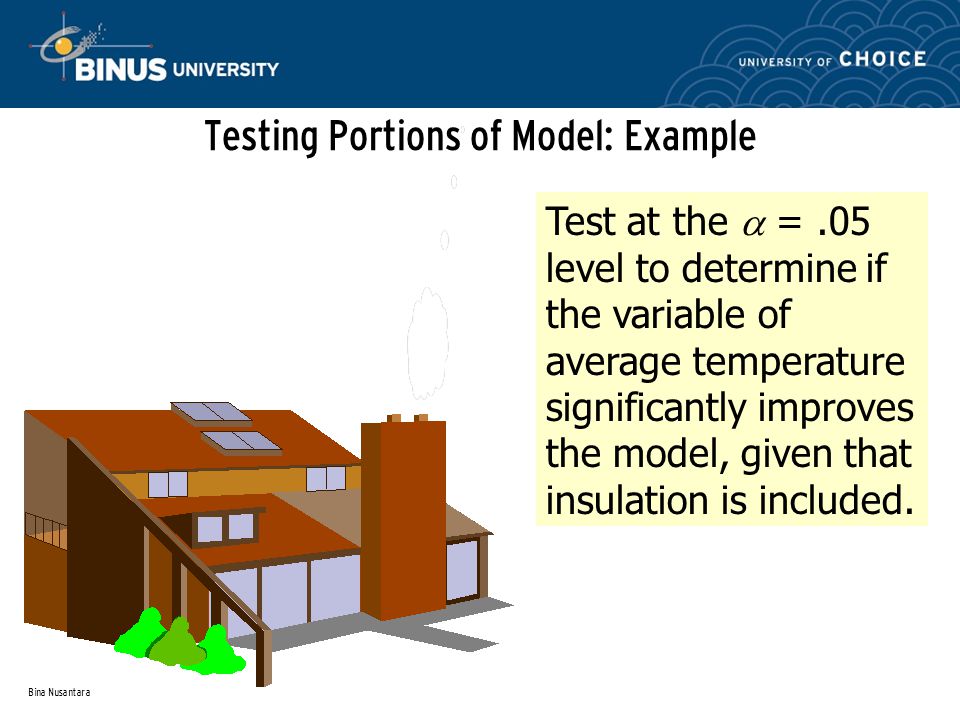 Bina Nusantara Testing Portions of Model: Example Test at the  =.05 level to determine if the variable of average temperature significantly improves the model, given that insulation is included.