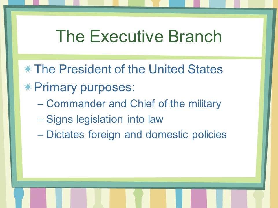 The Executive Branch The President of the United States Primary purposes: –Commander and Chief of the military –Signs legislation into law –Dictates foreign and domestic policies