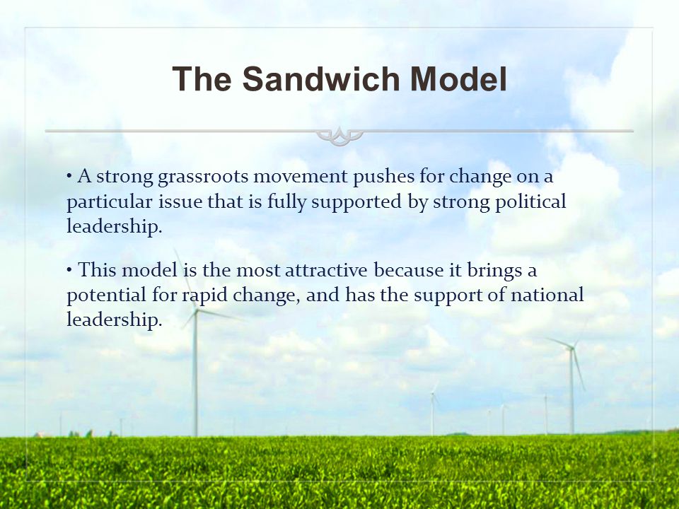 The Sandwich Model A strong grassroots movement pushes for change on a particular issue that is fully supported by strong political leadership.