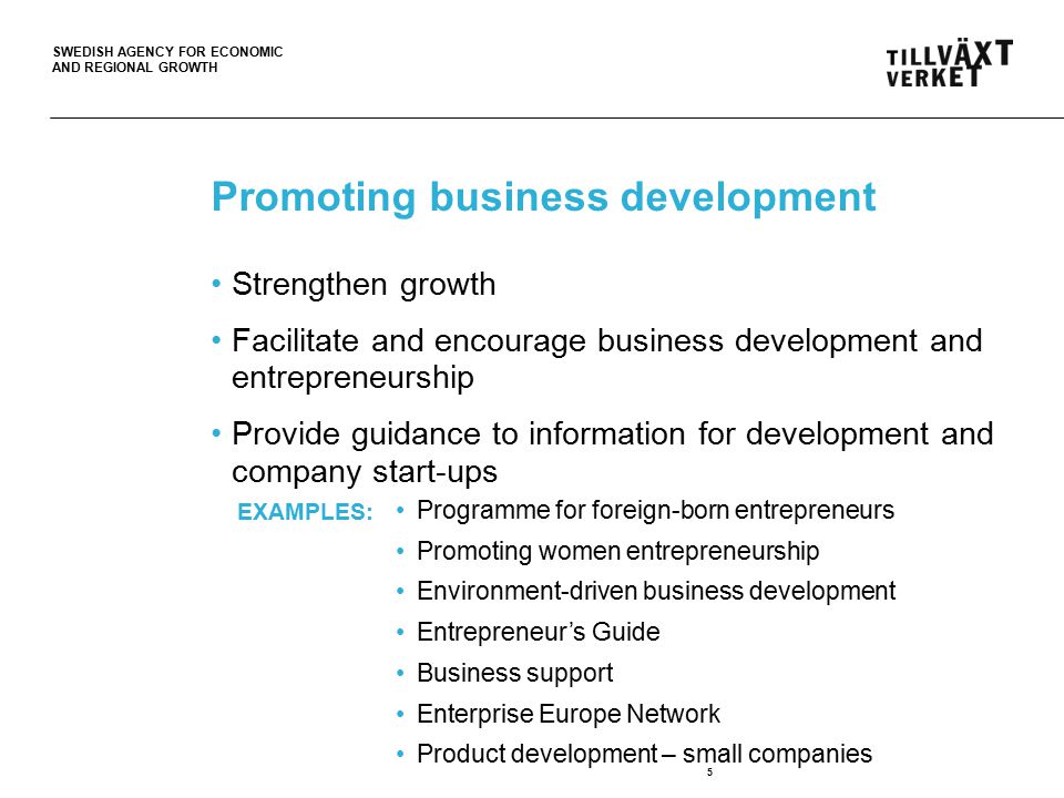 SWEDISH AGENCY FOR ECONOMIC AND REGIONAL GROWTH Promoting business development Strengthen growth Facilitate and encourage business development and entrepreneurship Provide guidance to information for development and company start-ups 5 Programme for foreign-born entrepreneurs Promoting women entrepreneurship Environment-driven business development Entrepreneur’s Guide Business support Enterprise Europe Network Product development – small companies EXAMPLES: