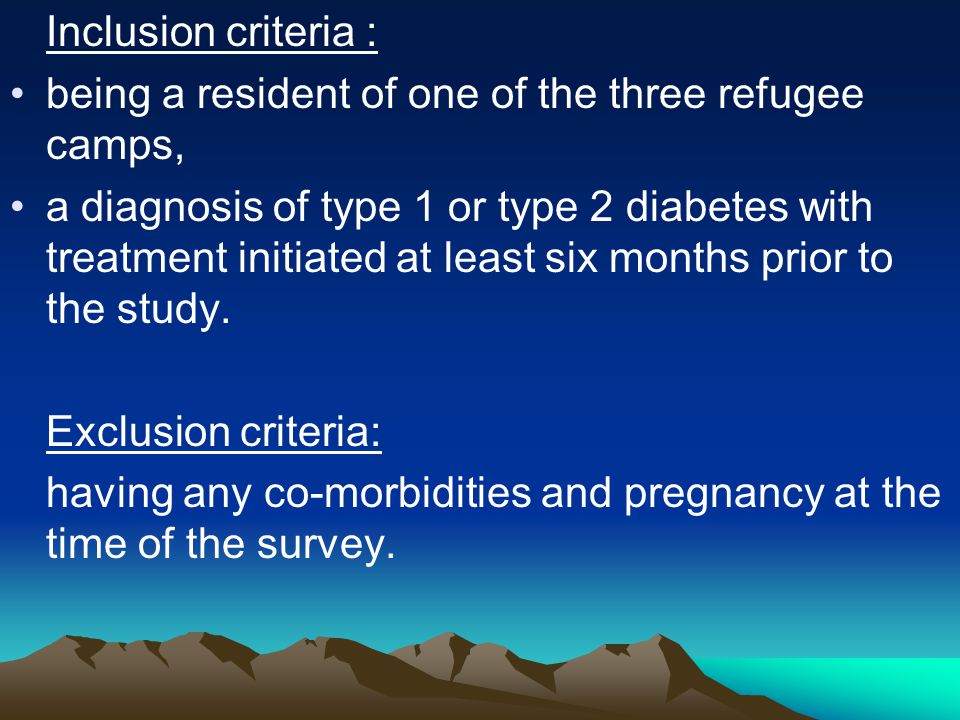 Inclusion criteria : being a resident of one of the three refugee camps, a diagnosis of type 1 or type 2 diabetes with treatment initiated at least six months prior to the study.