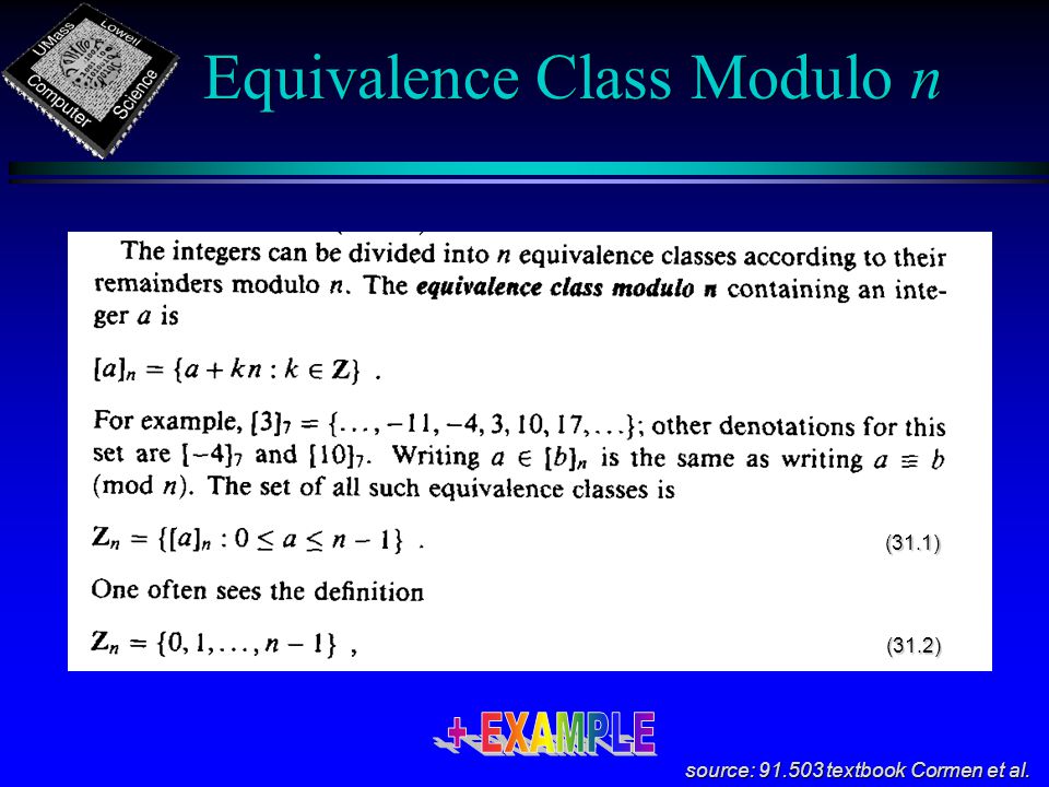 Equivalence Class Modulo n source: textbook Cormen et al. (31.1) (31.2)
