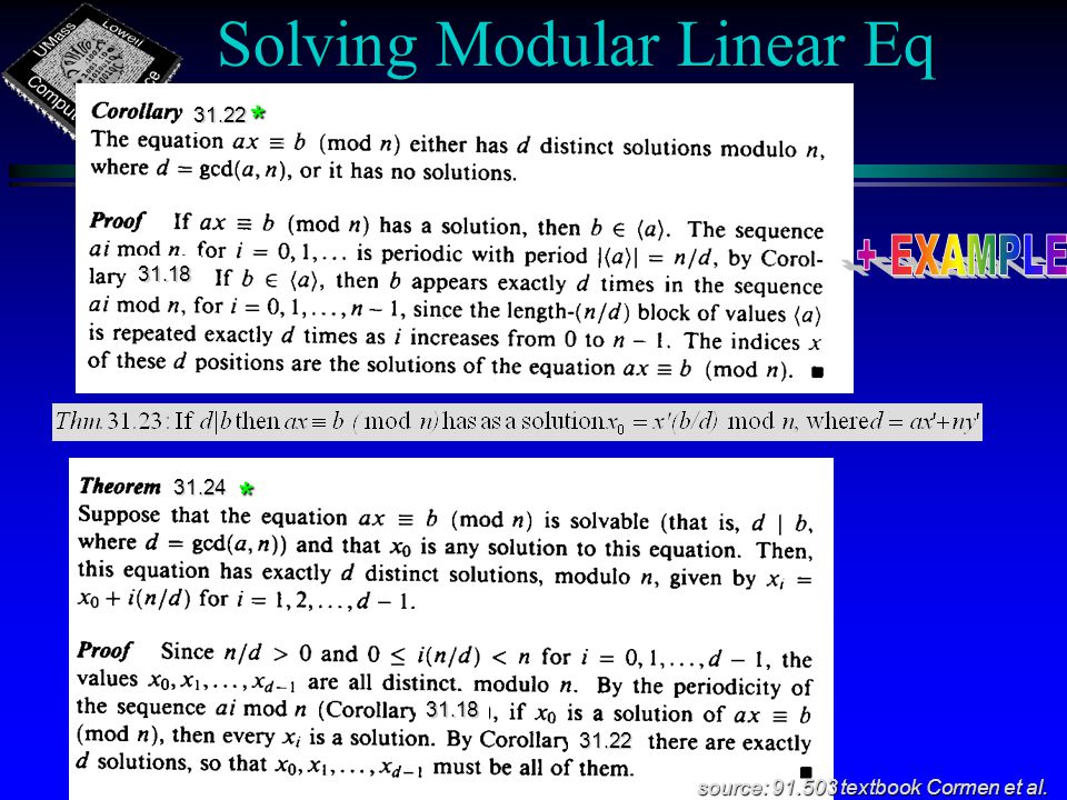 Solving Modular Linear Eq source: textbook Cormen et al * *