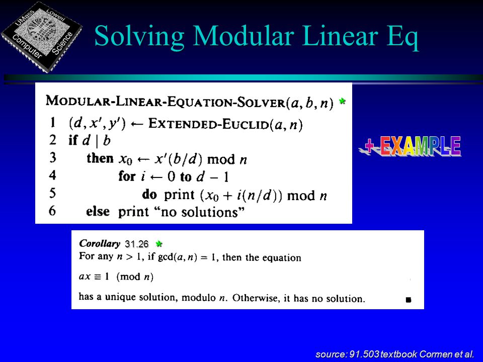 Solving Modular Linear Eq source: textbook Cormen et al * *