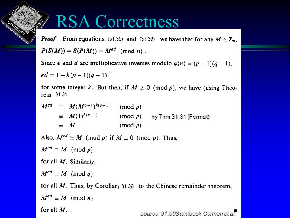 RSA Correctness source: textbook Cormen et al.