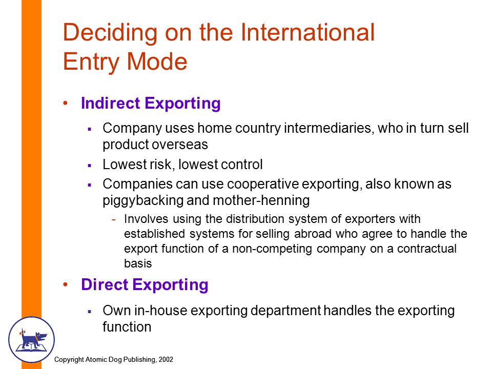 Copyright Atomic Dog Publishing, 2002 Deciding on the International Entry Mode Indirect Exporting  Company uses home country intermediaries, who in turn sell product overseas  Lowest risk, lowest control  Companies can use cooperative exporting, also known as piggybacking and mother-henning -Involves using the distribution system of exporters with established systems for selling abroad who agree to handle the export function of a non-competing company on a contractual basis Direct Exporting  Own in-house exporting department handles the exporting function