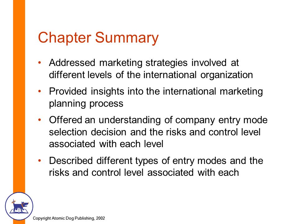Copyright Atomic Dog Publishing, 2002 Chapter Summary Addressed marketing strategies involved at different levels of the international organization Provided insights into the international marketing planning process Offered an understanding of company entry mode selection decision and the risks and control level associated with each level Described different types of entry modes and the risks and control level associated with each