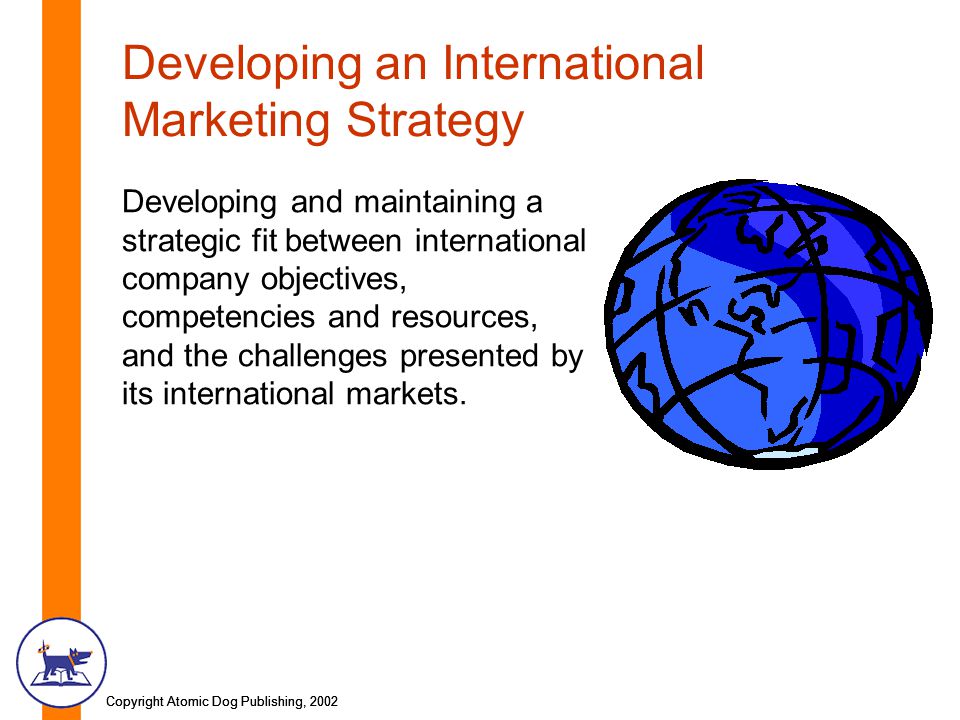 Copyright Atomic Dog Publishing, 2002 Developing an International Marketing Strategy Developing and maintaining a strategic fit between international company objectives, competencies and resources, and the challenges presented by its international markets.