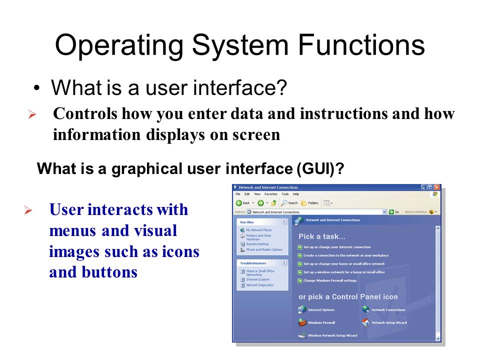 Operating System Functions  User interacts with menus and visual images such as icons and buttons What is a graphical user interface (GUI).