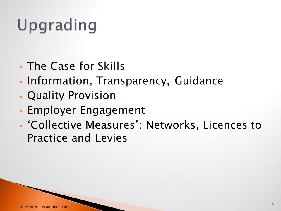  The Case for Skills  Information, Transparency, Guidance  Quality Provision  Employer Engagement  ‘Collective Measures’: Networks, Licences to Practice and Levies 5 professormikecampbell.com