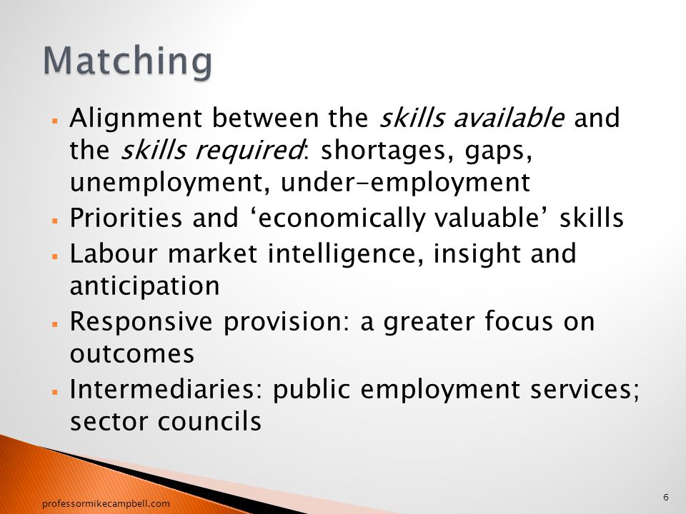  Alignment between the skills available and the skills required: shortages, gaps, unemployment, under-employment  Priorities and ‘economically valuable’ skills  Labour market intelligence, insight and anticipation  Responsive provision: a greater focus on outcomes  Intermediaries: public employment services; sector councils 6 professormikecampbell.com