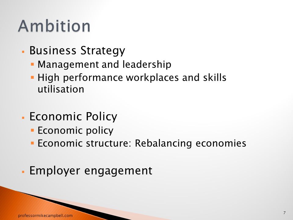  Business Strategy  Management and leadership  High performance workplaces and skills utilisation  Economic Policy  Economic policy  Economic structure: Rebalancing economies  Employer engagement 7 professormikecampbell.com