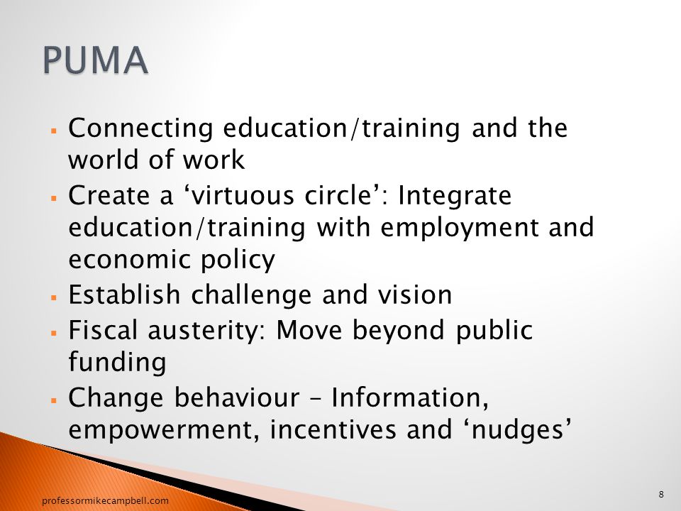  Connecting education/training and the world of work  Create a ‘virtuous circle’: Integrate education/training with employment and economic policy  Establish challenge and vision  Fiscal austerity: Move beyond public funding  Change behaviour – Information, empowerment, incentives and ‘nudges’ 8 professormikecampbell.com