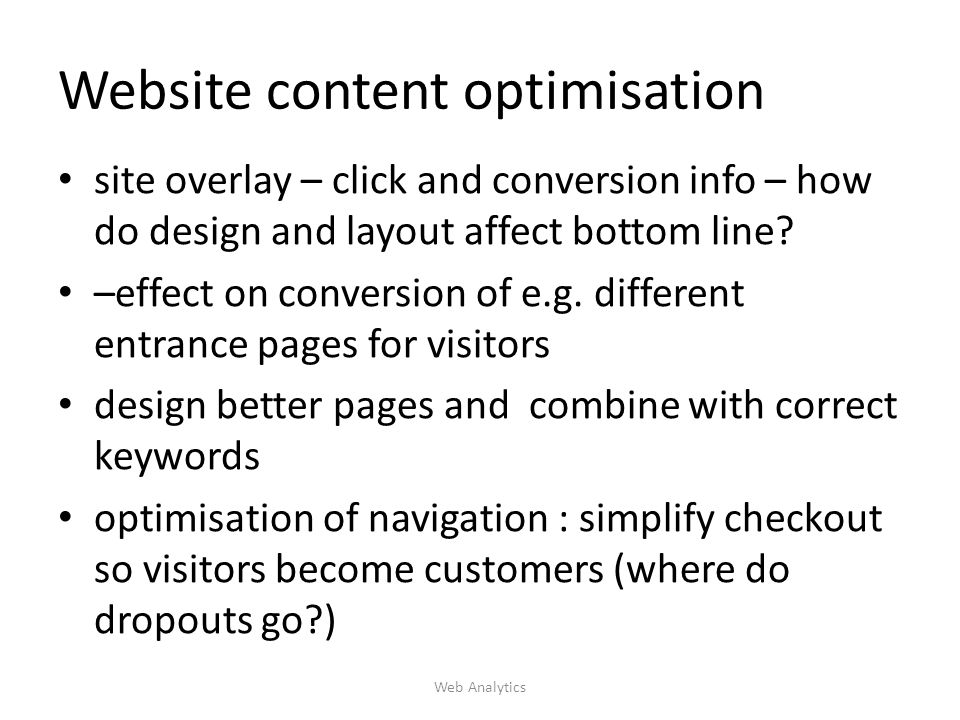 Website content optimisation site overlay – click and conversion info – how do design and layout affect bottom line.