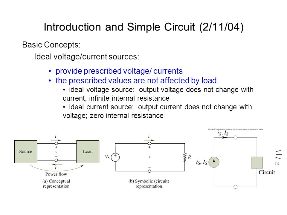 Introduction and Simple Circuit (2/11/04) Basic Concepts: Ideal voltage/current sources: provide prescribed voltage/ currents the prescribed values are not affected by load.
