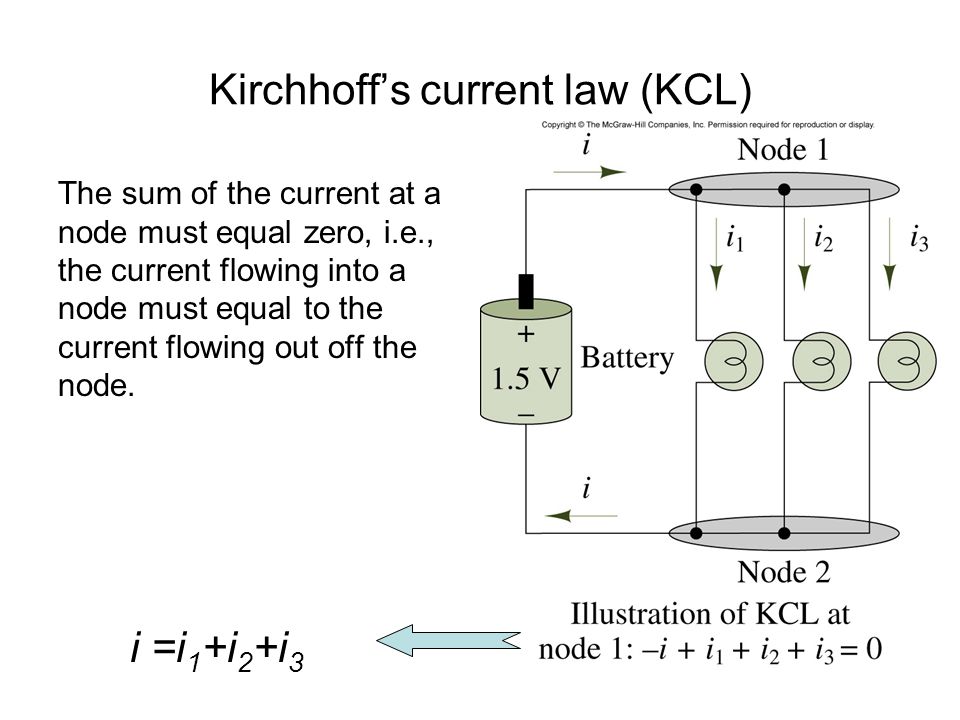 Kirchhoff’s current law (KCL) The sum of the current at a node must equal zero, i.e., the current flowing into a node must equal to the current flowing out off the node.